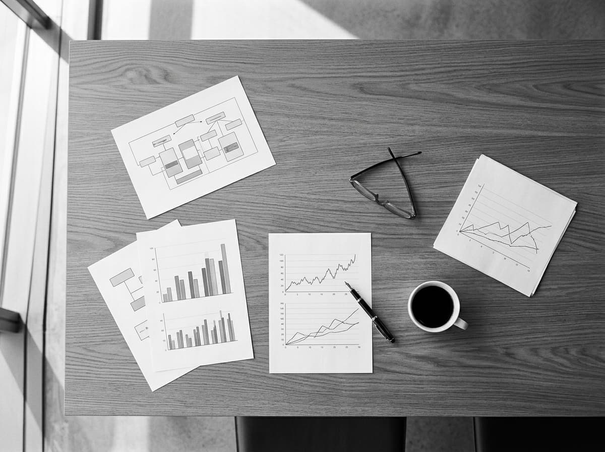 Strategieunterlagen mit Diagrammen und Kennzahlen auf einem Tisch
